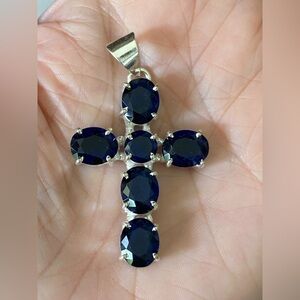 Deep Blue Sapphire 925 Sterling Silver Cross Necklace Pendant